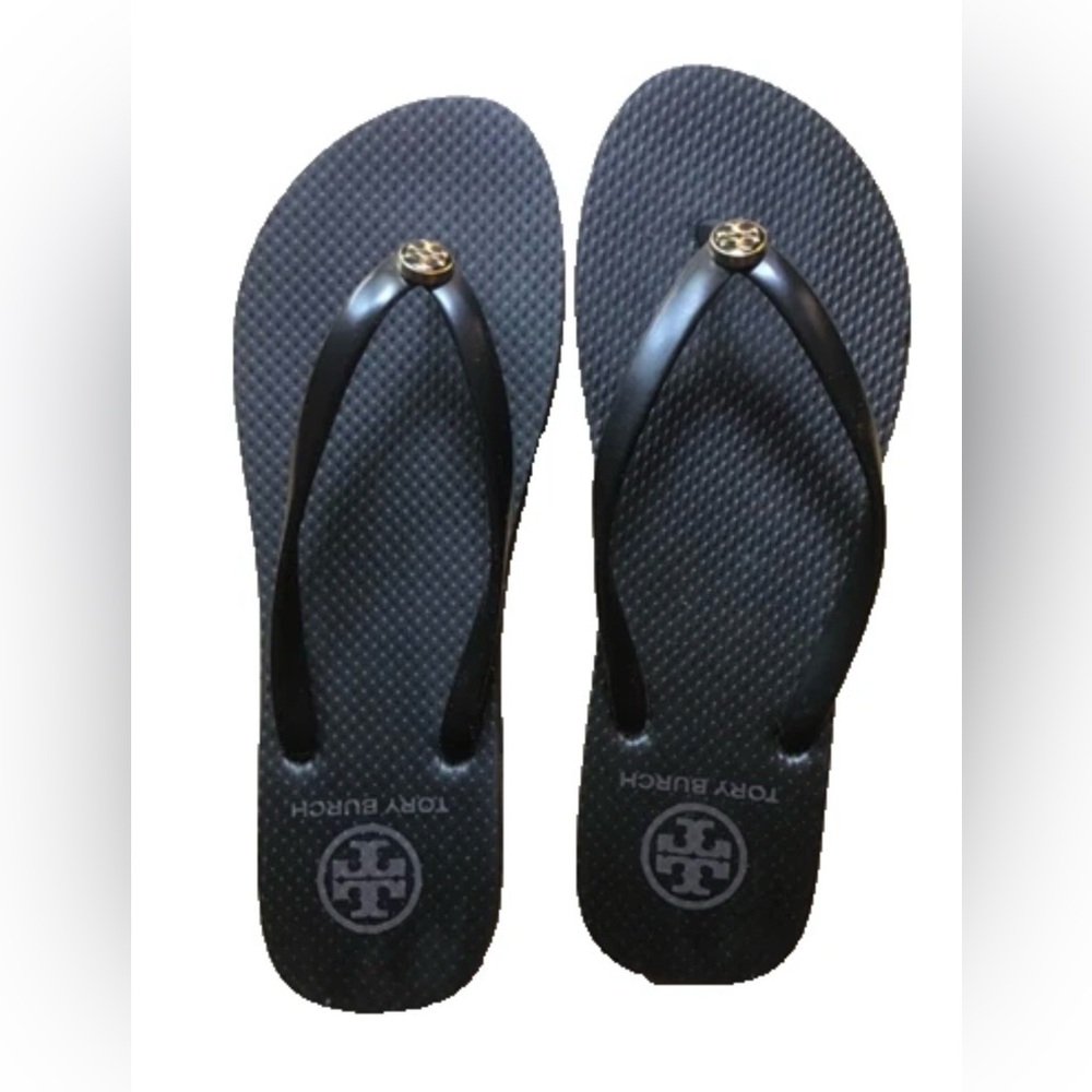 Tory Burch Black Sandals with Gold Logo